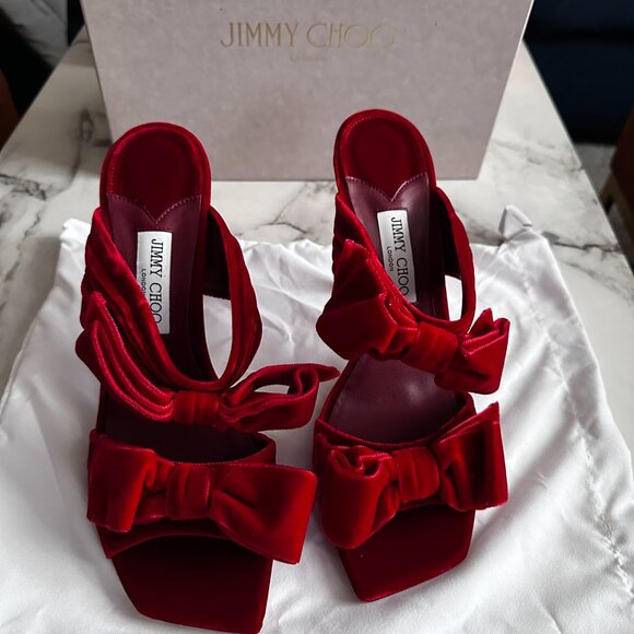 Jimmy Choo Red Velvet Bow Flaca Heels - Picture 8 of 8